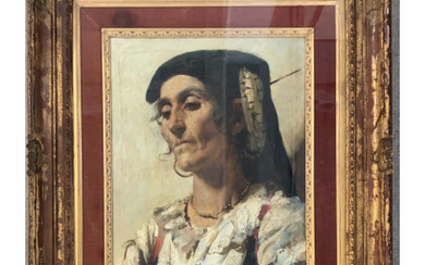 Scuola di Francesco Paolo Michetti "La popolana" olio su tela (cm 46.5x38) Al retro: cartiglio dell'Istituto di Belle Arti in...