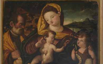 Scuola veneta "Sacra Famiglia con San Giovannino" antico dipinto ad olio su tavola (cm 50x64 circa). In cornice a teca...