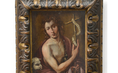 Seguace di Tanzio da Varallo "San Giovanni Battista" antico dipinto ad olio su tavola (cm 33x25). Iscritto al verso "Daniele...