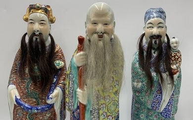 Set of 3 Chinese Porcelain Figures of Immortals with Human Hair