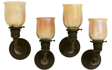 Set of Four Tiffany Studios Sconces with Favrile Glass "Pulled Feather" Shades