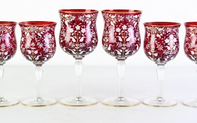 Set of six Victorian enamel and gilt ruby glass stemwares (two pieces 18.5cm, four pieces 16cm), some wear to gilt