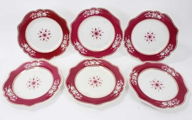 Set of six early 19th Century English porcelain plates, possibly by Flight, Barr and Barr, with gadrooned borders and floral and gilt decoration, each 26.5cm in diameter