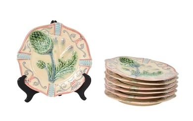 Seven 19th Century French Majolica Asparagus Plates - C. 1890. A set of 7 French Majolica pottery