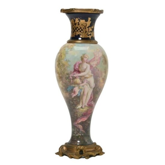 Sevres Style Porcelain Vase with Gilt Metal Mounts