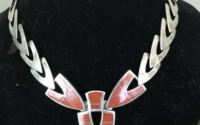 Signed Native American Sterling & Coral Necklace