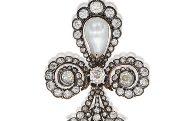 Silver-Topped Gold, Natural Pearl and Diamond Brooch