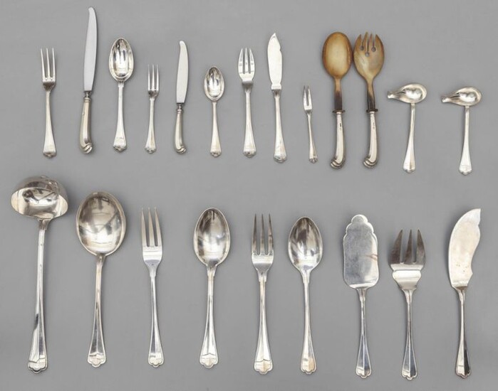 Silver cutlery set consisting of 40 large and 16 small forks 16 large and 16 small knives 12 oyster forks 16 large and 16 dessert spoons 16 fish forks and 16 fish knives and a pair of fish serving cutlery 1 ladle 2 large spoons 1 scoop two salad...