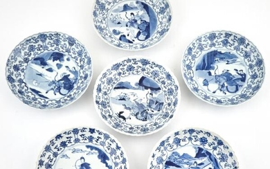 Six Chinese Blue and White Porcelain 'Hunt' Dishes