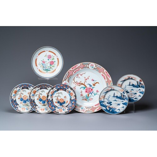 Six Chinese famille rose, verte and Imari-style plates and o...