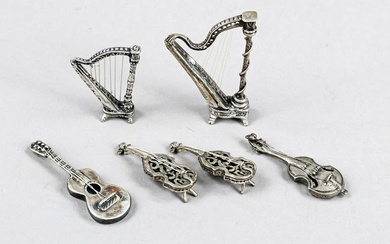 Six miniature stringed instruments, 20th c., silver 800/000, tested and plated, 2 harps, guitar