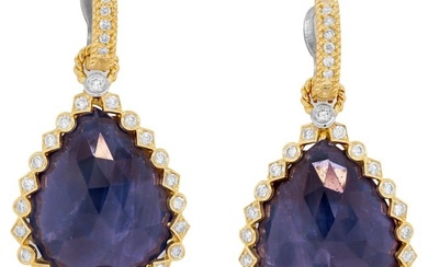 Stambolian 18K Gold and Diamond Drop Dangle Earrings with Sliced Blue Sapphires