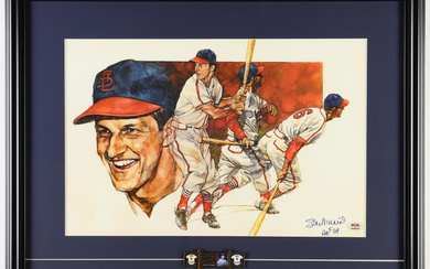 Stan Musial Signed Cardinals Custom Framed Art Print Display with HOF Bronze Plaque Pin Inscribed "HOF 69" (PSA)