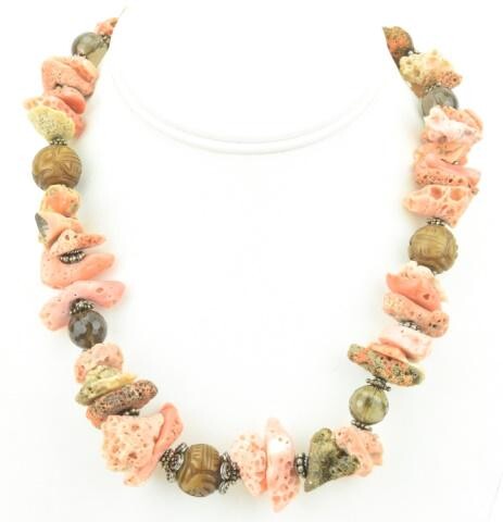 Sterling Coral & Smoky Quartz Beaded Necklace
