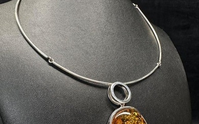 Sterling Necklace with Huge Amber Cabochon