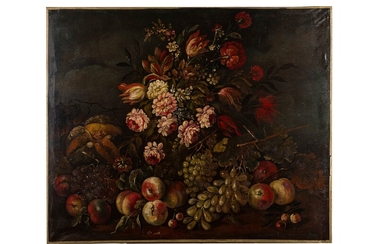 Still life with flowers, bunches of grapes, peaches and a pumpkin