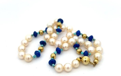 String of beads - 8 kt. Yellow gold, Lapis Lazuli-Turquoise