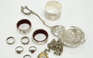 Sundry small silver and white metal items including, napkin ...