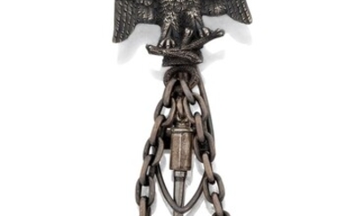 Swiss, An unusual late 19th century silver ball fob watch. the case with applied gilt legend, 'Thionville' and monogram cylinder movement suspended from a clip modelled as an eagle with spread wings, fitted case. length 11.5cm