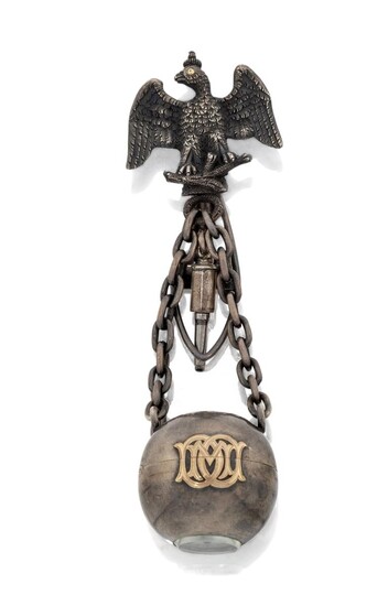 Swiss, An unusual late 19th century silver ball fob watch. the case with applied gilt legend, 'Thionville' and monogram cylinder movement suspended from a clip modelled as an eagle with spread wings, fitted case. length 11.5cm