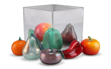 TEN PIECES OF MURANO GLASS FRUIT, in a square glass