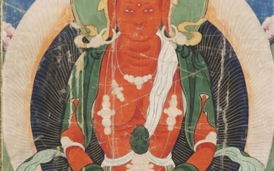 THANGKA TIBETAIN 19e/20e SIÈCLE Peint d'une divinité bouddhiste rouge assise en dhyanasana sur un lotus,...