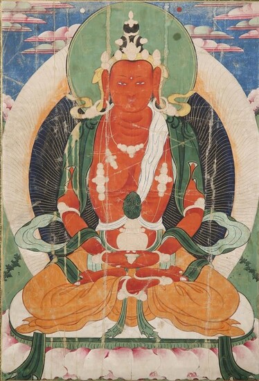 THANGKA TIBETAIN 19e/20e SIÈCLE Peint d'une divinité bouddhiste rouge assise en dhyanasana sur un lotus,...