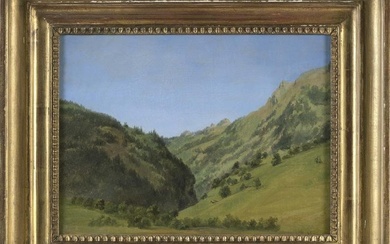 THEODORE ROUSSEAU (France, 1812-1867), Mountain landscape., Oil on canvas, 11" x 14.25". Framed