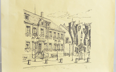TOWN HALL, E. KRUPP, INK DRAWING, 1982, SIGNED AND DATED.