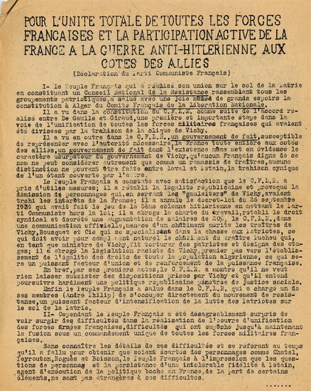 TRACTS ET COMMUNIQUES DES MOUVEMENTS DE LA RESISTANCE ET DU PARTI COMMUNISTE EN FRANCE, 1940-1944