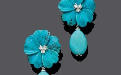 TURQUOISE AND DIAMOND EARCLIPS, BY STEINLIN.