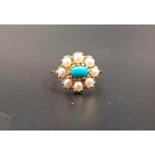 TURQUOISE AND SEED PEARL CLUSTER RING the central oval caboc...