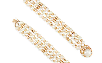 TWO 14K GOLD, CULTURED PEARL AND DIAMOND BRACELETS