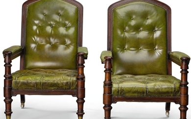 TWO EARLY VICTORIAN MAHOGANY AND GREEN LEATHER UPHOLSTERED LIBRARY ARMCHAIRS, CIRCA 1840