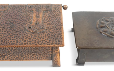 TWO ENGLISH ARTS & CRAFTS COPPER HAMMERED REPOUSSE BOXES The smaller: 2 x 5 x 6 3/4 in. (5.1 x 12.7 x 17.1 cm.), The larger: 2 1/2 x 6 x 8 1/4 in. (6.4 x 15.2 x 21 cm.)