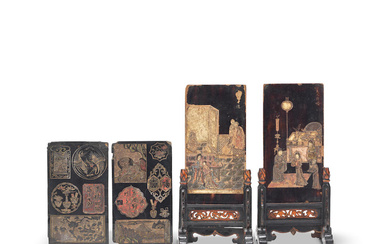 TWO PAIRS OF COROMANDEL LACQUER DOUBLE-SIDED PANELS, ONE PAIR MOUNTED...