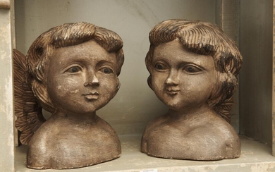 TWO VINTAGE FLORENTINE CARVED WOODEN CHERUB BUSTS, 21 CM HIGH, LEONARD JOEL LOCAL DELIVERY SIZE: SMALL