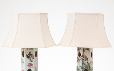 Table lamps, 1 pair, porcelain, China, early 20th century, decor birds and flowers.