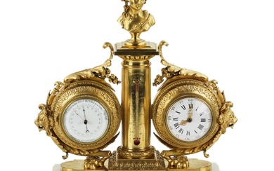 Tabletop instrument in white marble, gilded bronze: with clock, thermometer...