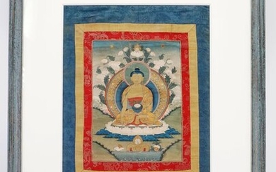 Thangka - Canvas - Shakyamuni Buddha holding the offerings bowl - Tibet - 19th century