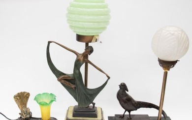 Three Art Deco table lamps with lady pheasant and peacock...