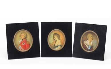 Three oval hand painted portrait miniatures including one of...