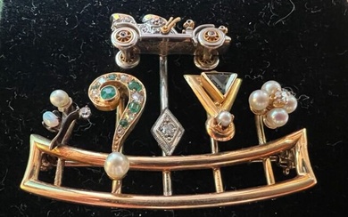 Tiffany - 14 kt. Gold - Brooch Diamond - Emeralds