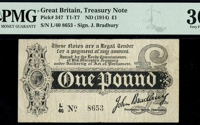Treasury Series, John Bradbury, first issue £1, ND (7 August 1914), serial number L/40 8653, da...