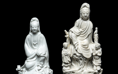 Two Chinese Blanc-de-Chine Porcelain Figural Groups of Guanyin