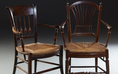 Two French Provincial Carved Walnut Rushseat Armchairs