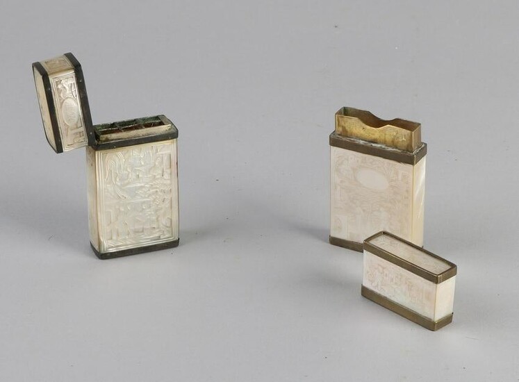 Two antique Chinese brass holders with mother of pearl