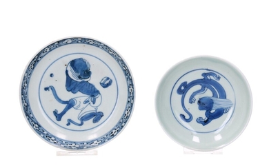 (-), Two blue and white porcelain saucers, decorated...