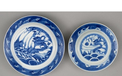 Two graduated Chinese blue and white plates, 18th c, painted...