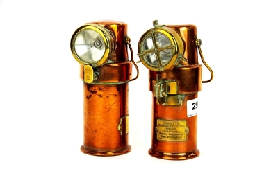 Two interesting brass and copper Barnsley miner's lamps, H. 22cm.